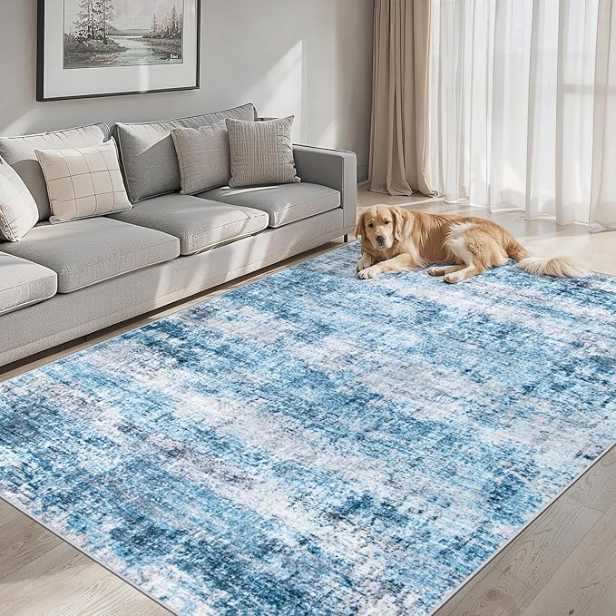 Area Rugs 10x14 Living Room - Washable Rug Modern Abstract Soft Large Neutral Non-Slip Carpet Indoor Floor Thin Carpets for Bedroom Dining Room Farmhouse Nursery Home Office Blue Grey