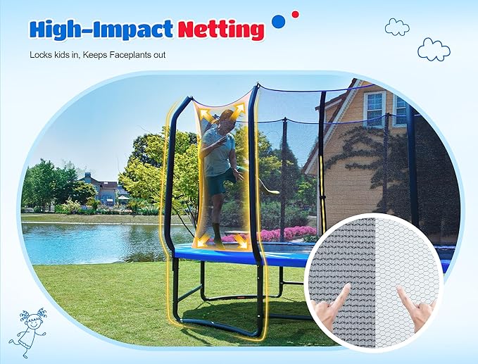 ORCC 8 x 13 FT Oval Outdoor Trampoline with Safety Net - Recreational Gymnastics Trampoline for Kids, 1200LBS Capacity, Heavy-Duty Galvanized Steel Frame