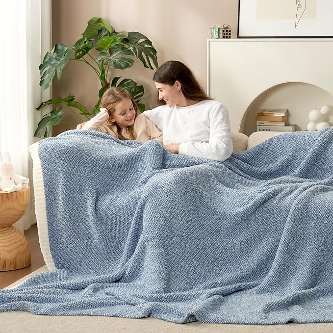 Snuggle Sac Queen Size Bed Blanket Heather Blue, Reversible Super Soft Microfiber Blankets Warm Cozy Knit Fuzzy Plush Bed Blankets, Blue, Queen 90x90