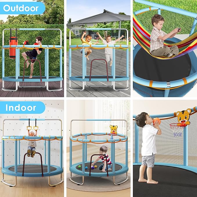 Trampoline for Kids, Upgrade Full Anti-Rust 440lbsToddler Trampoline with Net, Upgraded Ring Legs with Adjustable Gymnastics Bar&Toys, Gifts for Ages 1-8 Boys&Girls