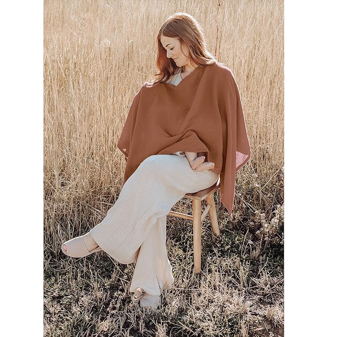 Konssy Muslin Nursing Cover for Breastfeeding, 360° Full Privacy Breathable 100% Cotton Breastfeeding Cover, Multi-use Carseat Canopy(Chestnut)