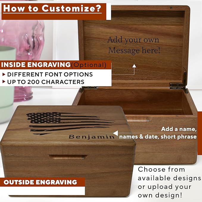 USA Flag Box with Name - Wooden Keepsake Box for Mens, Boys, Wooden Anniversary Wedding Gift for Men/Women, American Flag Gifts for Men, Personalized Memory Boxes, Trinket Boxes, 8 x 6 x 4 in