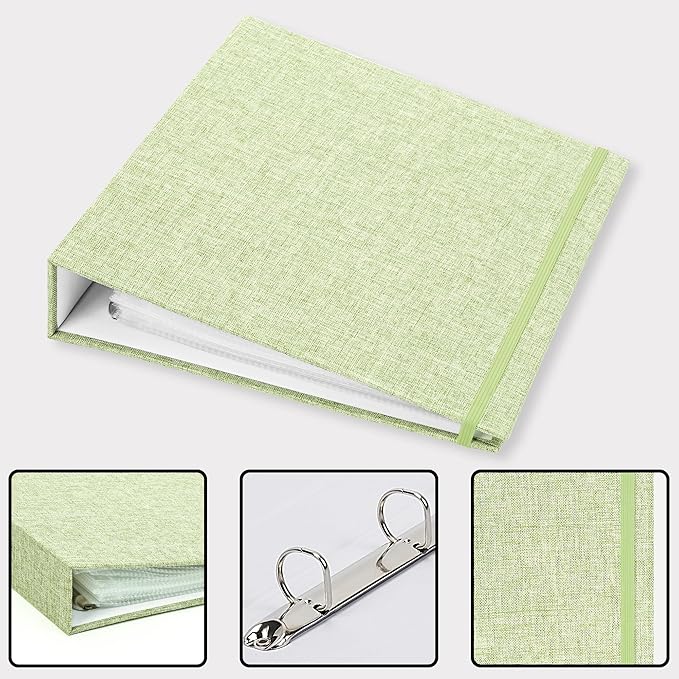 Vienrose Linen 3-Ring Photo Album Holds 250 Photos, 200 4x6 Photos and 50 6x8 Pictures, Picture Album with Multiple Size Pockets, Memory Book for Family Wedding Anniversary Baby, Green