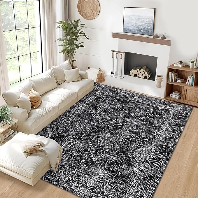 COZYLOOM Area Rug for Bedroom 5x7 Machine Washable Rugs for Living Room Modern Abstract Floor Cover Non Slip Low Pile Geometric Mats Stain Resistant Soft Carpet for Dining Room, Black
