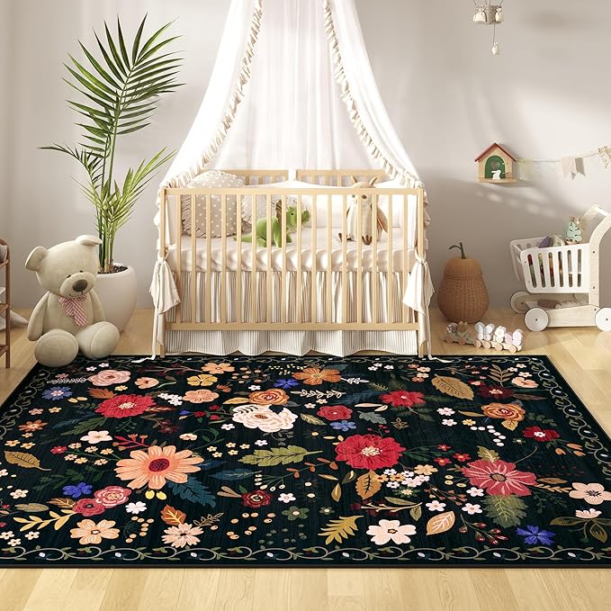 5x7 Washable Rug for Living Room, Floral Black Area Rug, Non Slip Low Pile Soft Flower Carpet, Large Rugs for Bedroom, Dining Room, Office, Kids Playroom, Nursery