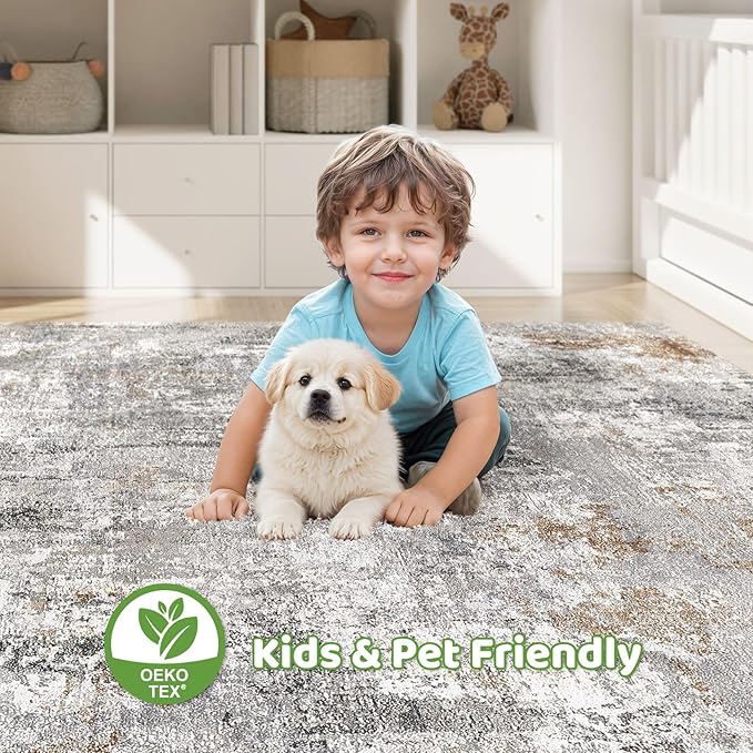 8x10 Area Rugs Living Room: Machine Washable Large Abstract Modern Soft Rug Stain Resistant Indoor Floor Non Slip Accent Carpet for Bedroom Nursery Playroom Office Dining Room Dorm- Gray Rust