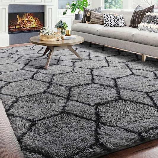 ONASAR 7x9 Area Rugs for Living Room Bedroom, Washable Large Fluffy Grey and Black Throw Rug, Geometric Soft Plush Shaggy Floor Carpet for Nursery Kids Girls Boys Teen Dorm Home Decor Aesthetic