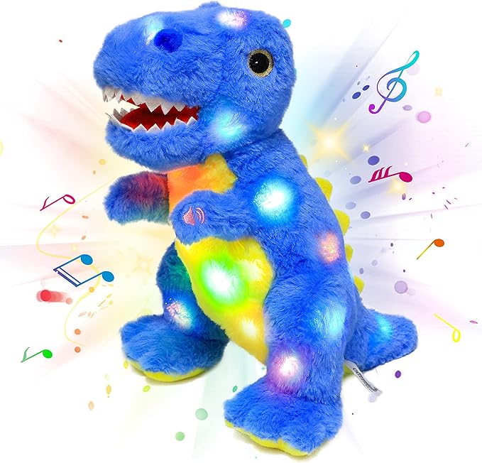 Cuteoy Light-up Singing Plush Blue Dinosaur LED Musical Stuffed Animal T-Rex Adjustable Volume Lullaby Plushies Birthday Christmas Toy Gifts for Kids Toddler Girls, 12"