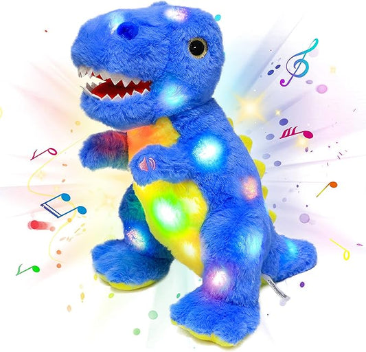 Cuteoy Light-up Singing Plush Blue Dinosaur LED Musical Stuffed Animal T-Rex Adjustable Volume Lullaby Plushies Birthday Christmas Toy Gifts for Kids Toddler Girls, 12"