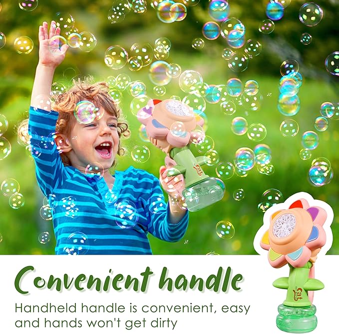 Sunflower Bubble Machine for Kids Automatic Flower Bubble Toy with Colorful Lighting for Toddlers Handheld 20000+Bubbles 3 Modes Fun Swing Dance Bubble Maker Blower Blaster Outdoor Toys Type-C Green