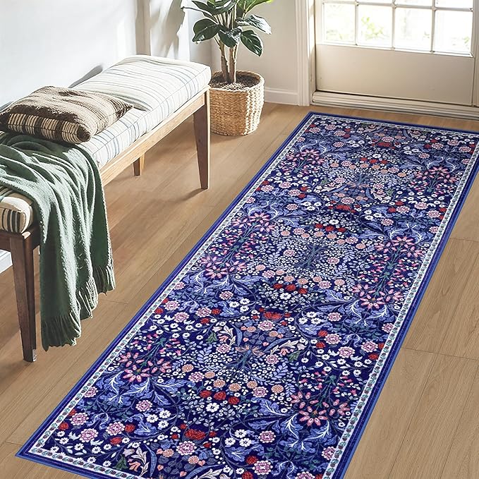 Runner Rug for Entryway: 2.6x8 Kitchen Rugs Non Slip Washable Ultra-Thin Soft Floral Carpet Indoor Floor Stain Resistant Carpets for Hallway Bedroom Kitchen Laundry Bathroom Dorm Blue