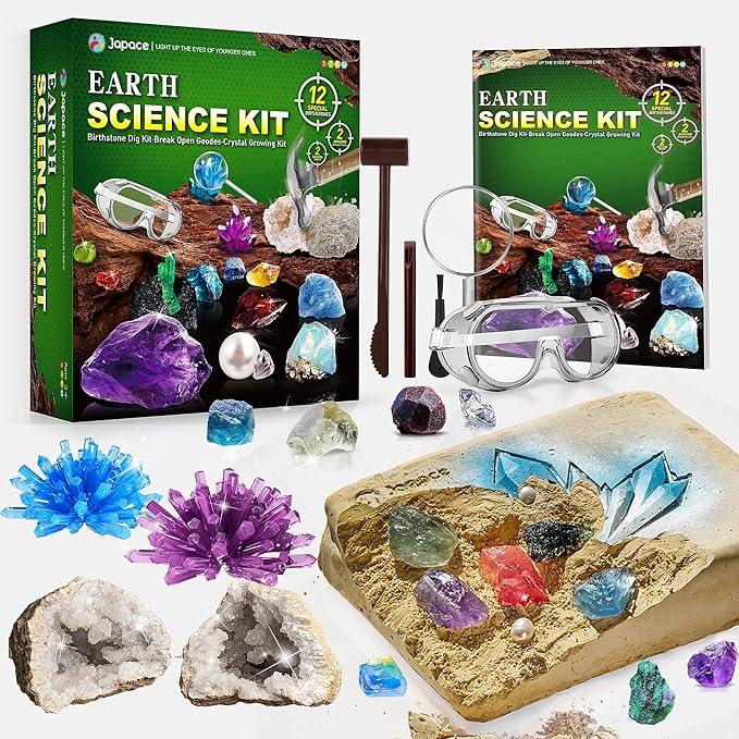 Japace Earth Science Kits for Kids Age 4-6-8-12-14, Birthstone Gemstone Dig Kit, Geology Kit with Break Your Own Geodes, Crystal Growing Experiment, Rock Mining Kit Birthday Gifts Toys for Boys Girls