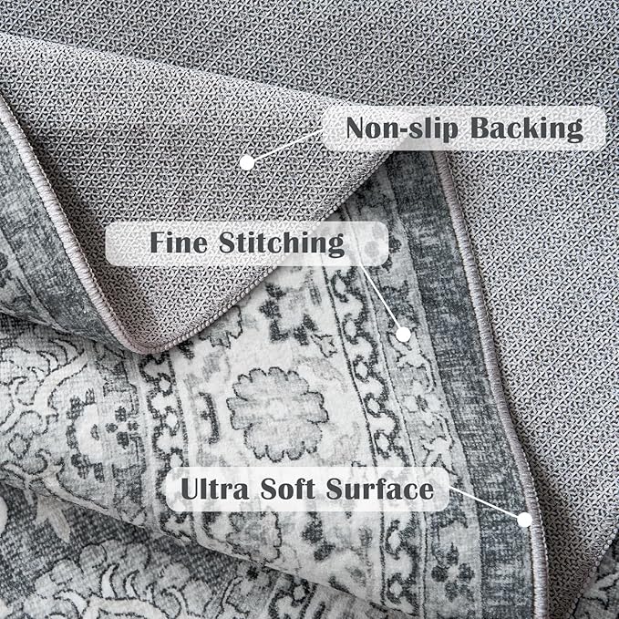 jinchan Round Rug 4ft Washable Circle Soft Rug - Low Pile Vintage 4'Round Indoor Grey Floral Print Stain Resistant Boho Carpet Ultra-Thin Non-Slip for Entryway Nursery Bedroom Dining Room Kitchen