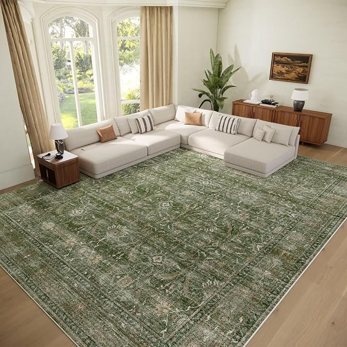 Washable 9x12 Area Rugs for Living Room, Boho Non-Slip Silicone Backing Rugs for Bedroom Dining Room Nursery Office, 0.3" Neutral Oriental Throw Carpet with 0.16" Cushioning Pad, Grass Green/Multi