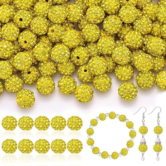 200pcs 10mm Rhinestone Beads for Jewelry Making, Yellow Shiny Round Disco Ball Beads Bulk, Sparkle Crystal Clay Christmas for Bracelet Baseball Necklace Earring Crafting and DIY