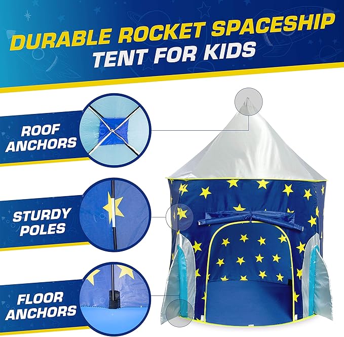 USA Toyz Rocket Ship Pop Up Kids Tent - Spaceship Rocket Indoor Playhouse Tents for Boys and Girls with Included Space Projector Toy and Storage Carry Bag