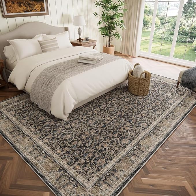 Washable 8x10 Area Rugs for Living Room, Boho Non-Slip Silicone Backing Rugs for Bedroom Dining Room Nursery Office, 0.3" Neutral Oriental Throw Carpet with 0.16" Cushioning Pad, Black/Multi