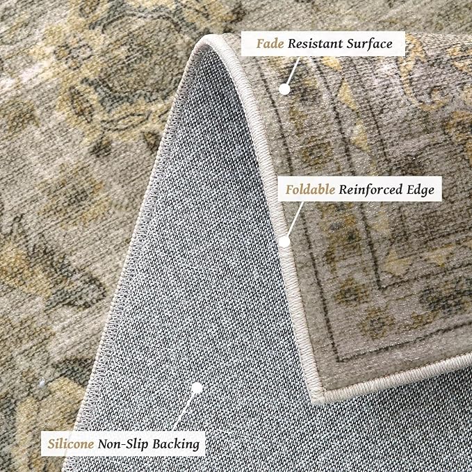 Washable 5x7 Area Rugs for Living Room, Boho Non-Slip Silicone Backing Rugs for Bedroom Dining Room Nursery Office, 0.3" Neutral Oriental Throw Carpet with 0.16" Cushioning Pad, Light Brown/Multi