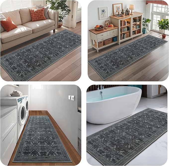 2x6 Washable Kitchen Runner Rug for Hallways, Non Slip Laundry Runners for Bathroom, Low Pile Rubber Backed Rugs for Entryway, Vintage Floral Carpet for Living Room Bedroom Black/Gray