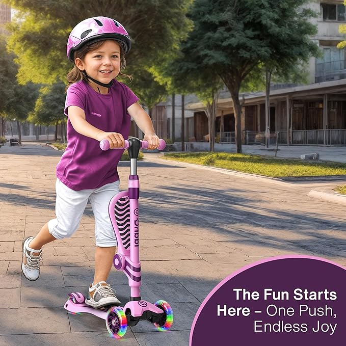 Pink & Purple 3 Wheel Scooter with Seat for Kids – Light-Up LED Wheels, Adjustable Handlebar and Seat, Smooth PU Wheels, Wide Anti-Slip Deck, Rear Foot Brake – Toddler Outdoor Toys for Ages 2+