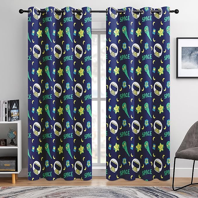 Kids Space Alien Blackout Curtains - 100% Blackout, Thermal Insulated, Noise Reducing, Perfect for Kids Room and Nursery, 2 Panels (Friendly Alien, W52×L84)