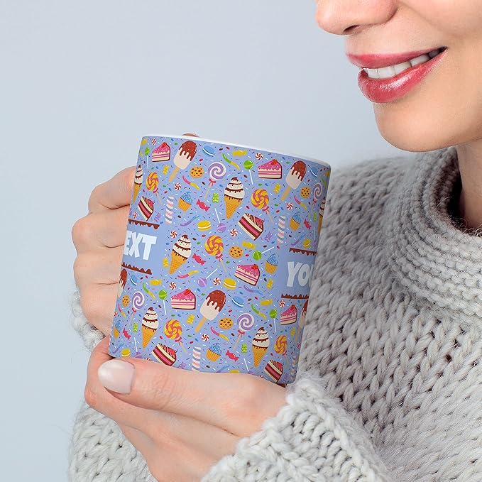 Personalized Mug for Kids - Sweets - Custom Name/Text, Ceramic Hot Chocolate/Cocoa/Coffee Cup for Boys/Girls, Birthday/Christmas/Holiday Gift - 15 oz, White Handle