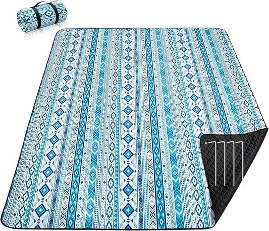 PY SUPER MODE Picnic Blankets Extra Large, Waterproof Foldable Outdoor Beach Blanket Oversized 83x79” Sandproof, 3-Layer Picnic Mat for Camping, Hiking, Travel, Park, Concerts(Teal Boho)