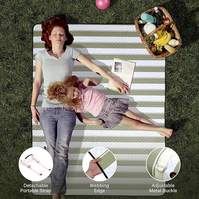 HX&OD Outdoor Picnic Blanket Extra Large, 80”x60” Waterproof Picnic Mat Foldable Camping Blanket Portable with Carry Strap for Beach Mat (Green)