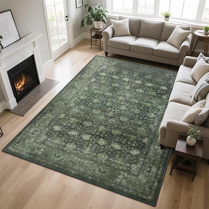 5x7 Washable Area Rug for Living Room, Non Slip Vintage Floral Rugs for Bedroom, Retro Indoor Floor Carpet for Kitchen, Dining Room, Farmhouse, Classroom (Distressed Green)