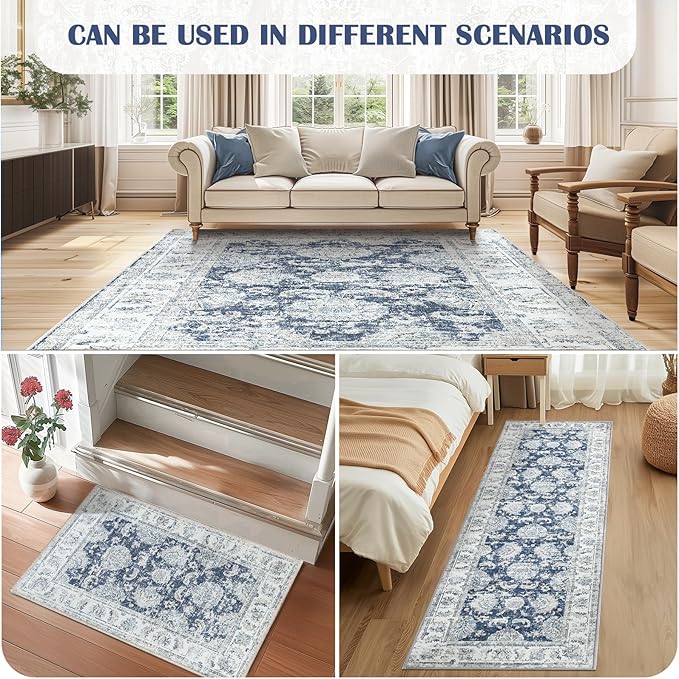 jinchan 4x6 Area Rugs for Bedroom - Machine Washable Distressed Vintage Floral Design Stain Resistant Boho Carpet Ultra-Thin Low Pile Non-Slip Rug for Living Room Dining Room Kitchen (4‘x6',Dark Blue)