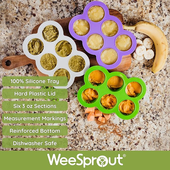 WeeSprout Silicone Freezer Tray with Clip on Lid Perfect Food Storage Container for Homemade Baby Food, Vegetable, Fruit Purees, and Breast Milk (Bright Purple, Six 3 Ounce Sections)