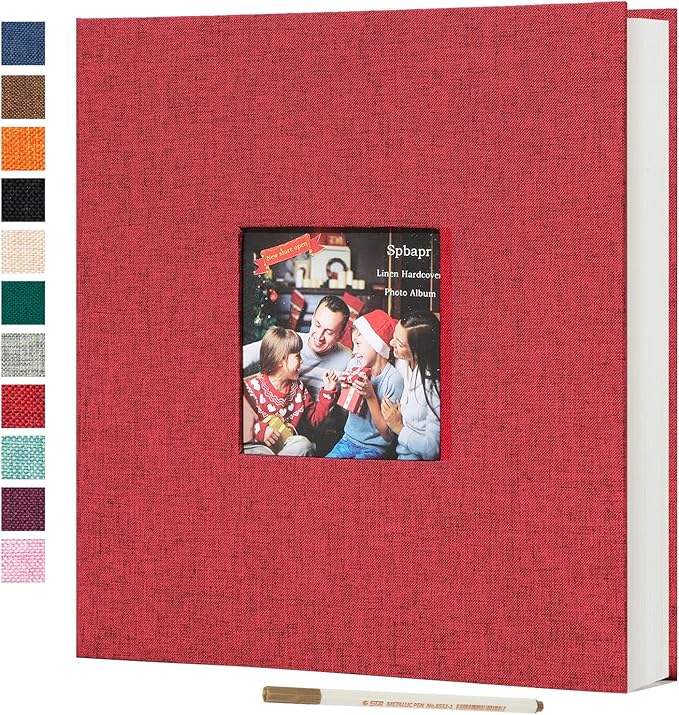Spbapr Large Photo Album Self Adhesive 4x6 5x7 8x10 10x12 Pictures Magnetic Scrapbook 40 Blank Pages Linen Cover DIY Album with A Metal Pen Red