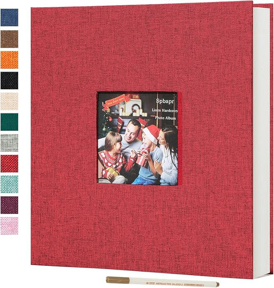 Spbapr Large Photo Album Self Adhesive 4x6 5x7 8x10 10x12 Pictures Magnetic Scrapbook 40 Blank Pages Linen Cover DIY Album with A Metal Pen Red