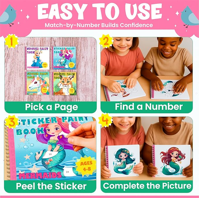 BulbaCraft 4Pcs Sticker Paint Books for Girls - Sticker Books by Number with Mermaids, Princesses, Animals and Unicorns - Coloring Activity for Kids
