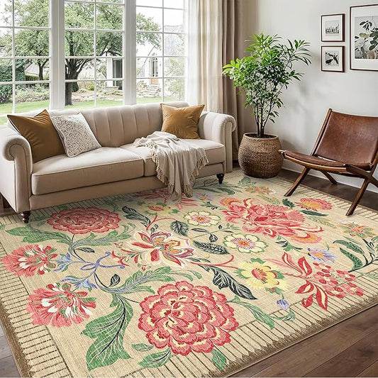 GarveeHome Floral Botanical Washable Rugs 5x7 Area Rug for Living Room, Camel Taupe Brown Vintage Boho Cottage Throw Rugs Low Pile Carpet for Bedroom Dining Nursery Rug
