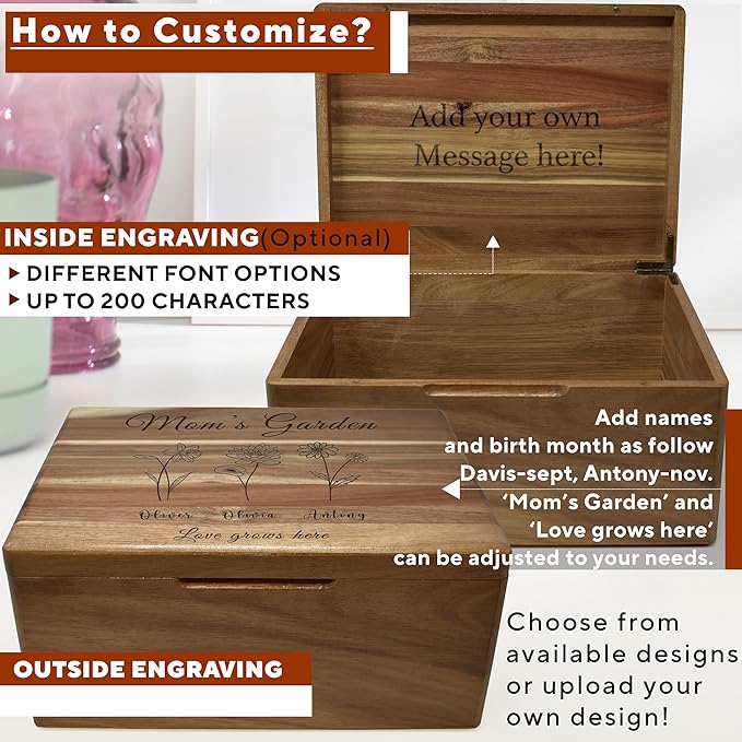 Mother's Garden Mom Day Gift - Personalized Gift for Mom, Custom Grammie Garden Gifts Birth Flowers, Wooden Storage Box with Hinged Lid, Mother's Day Gifts, Unique Christmas Gifts, 11.5x8.5x5.5 in