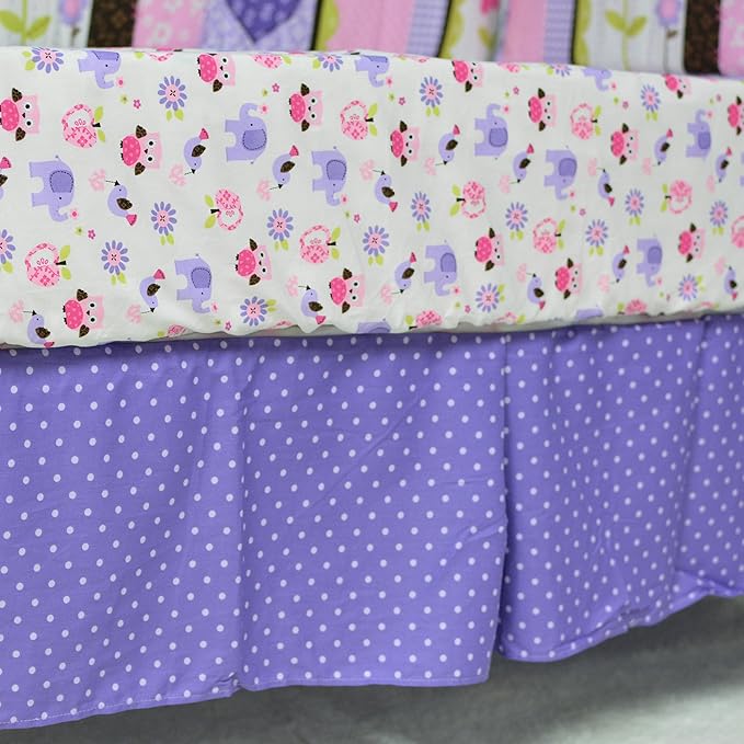 Brandream Crib Bedding Set 3 Pieces Purple Baby Girls Cotton Patchwork Flowers Elephant Owl Nursery with Ruffle Design, Princess Lovely Cute Breathable Healthy