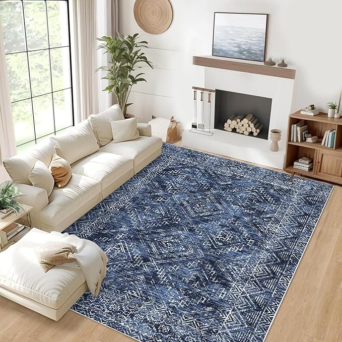 COZYLOOM Area Rug 5x7 Washable Rug for Living Room Bedroom Playroom Nursery Vintage Non Slip Low Pile Soft Throw Floor Cover Geometric Tribal Foldable Indoor Carpet, Blue