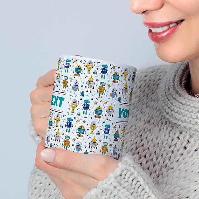 Personalized Mug for Kids - Robots - Custom Name/Text, Ceramic Hot Chocolate/Cocoa/Coffee Cup for Boys, Birthday/Christmas/Holiday Gift - 15 oz, White Handle