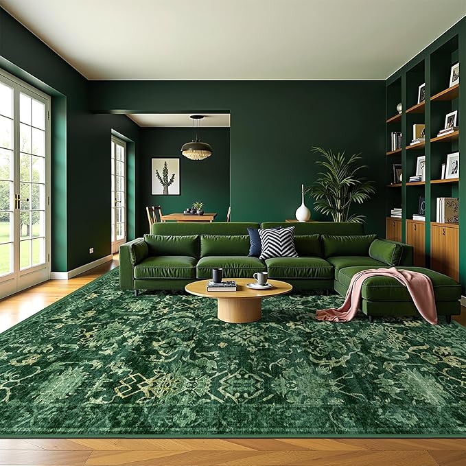 Deerly Dark Green Area Rugs 10x12 for Living Room Soft Non-Slip, Large Bedroom Rug Vintage Dining Room Rug Tribal Farmhouse Carpet for Dining Room Office Green