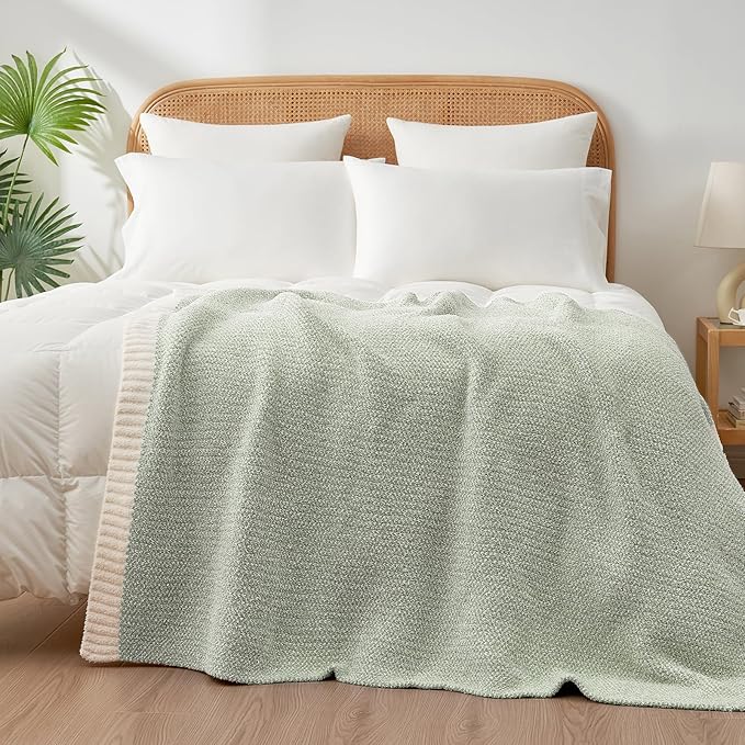 Snuggle Sac Heather Sage Green Blanket for Couch, Reversible Super Soft Knitted Blankets Warm Cozy Fuzzy Plush Throw Blankets for Sofa, Bed, Camping, Sage Green, 60x80 inches