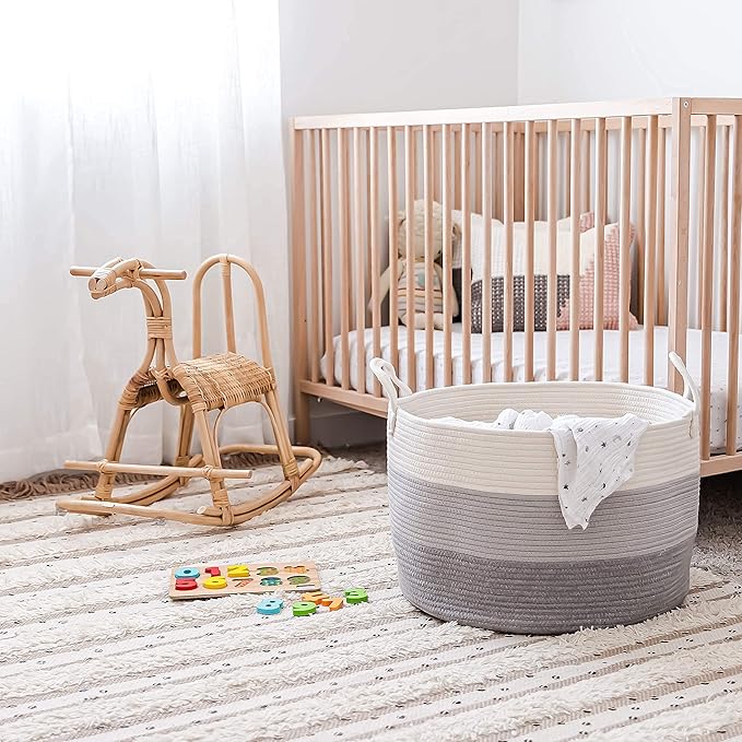 OrganiHaus Large Laundry Basket, Woven Cotton Rope Basket for Blankets, Toy Storage, Nursery Hamper, Living Room Decor Organizer, Soft & Durable Hamper with Handles, 20x13 inches - Gray