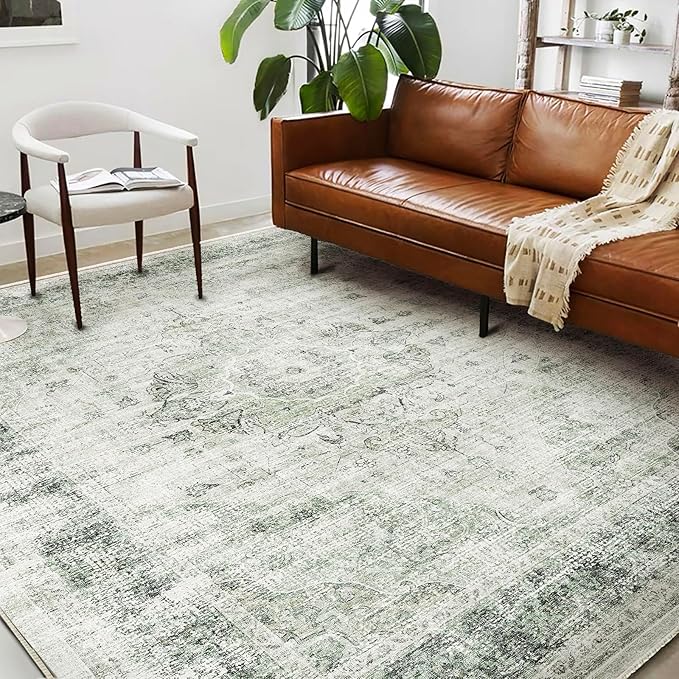 Washable Area Rug 9'x12' Retro Floral Green Boho Design Non-Shedding Easy Care Ideal for High Traffic Areas in Living Room Bedroom Office Coffee Table Kitchen Large Carpet
