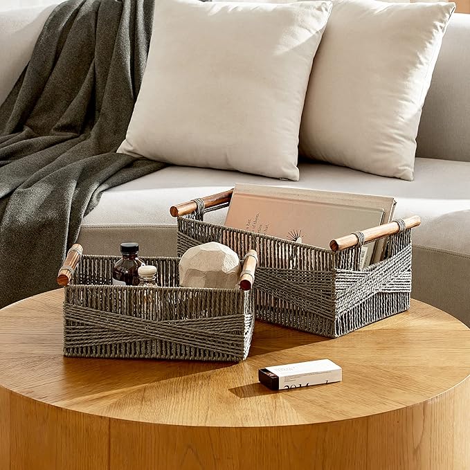 LA JOLIE MUSE Wicker Storage Baskets for Organizing, Recyclable Paper Rope Basket with Wood Handles, Decorative Hand Woven Basket Organizers for Makeup Books Shelves Living Room, Grey, Set of 2