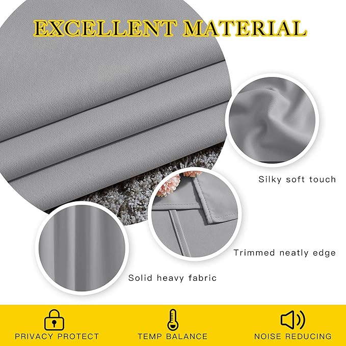 NICETOWN Blackout 72 inch Curtains for Kids Room, Grommet Room Darkening Thermal Insulated Solid Window Treatments Sound Reducing for Bedroom, 2 Panels, W37 x L72, Silver Grey