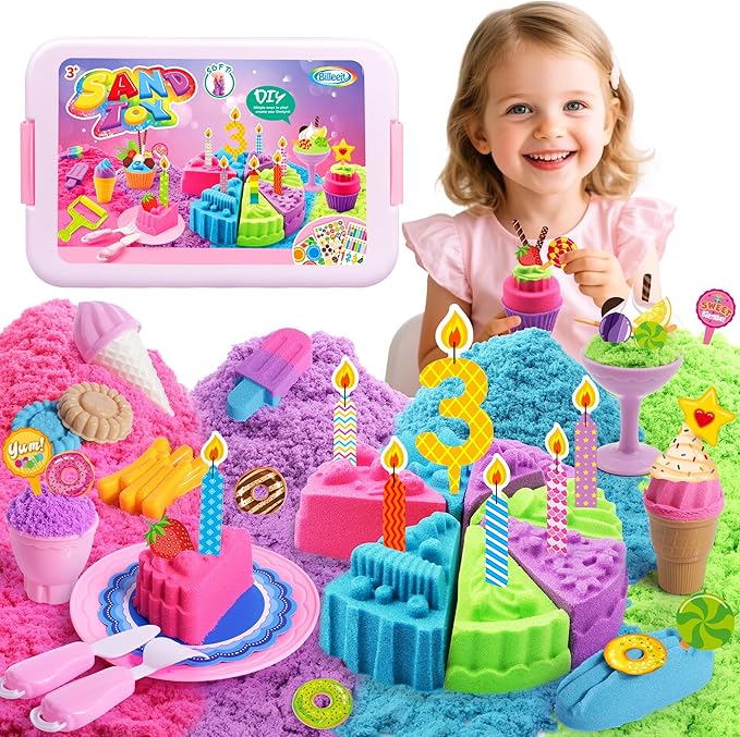Cake & Ice Cream Sensory Bin Sand Toy, Sand Kit Sensory Toys w/lid and 4 Color Magic Sand 2.2lbs, Molds, Tools Set 43pcs Total for Toddlers, Fun Gift for Kids 3+