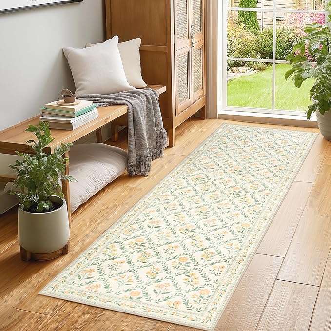 Runner Rug for Entryway: 2x10 Kitchen Rugs Non Slip Washable Ultra-Thin Soft Floral Carpet Indoor Floor Stain Resistant Carpets for Hallway Bedroom Kitchen Laundry Bathroom Dorm Beige/Multi
