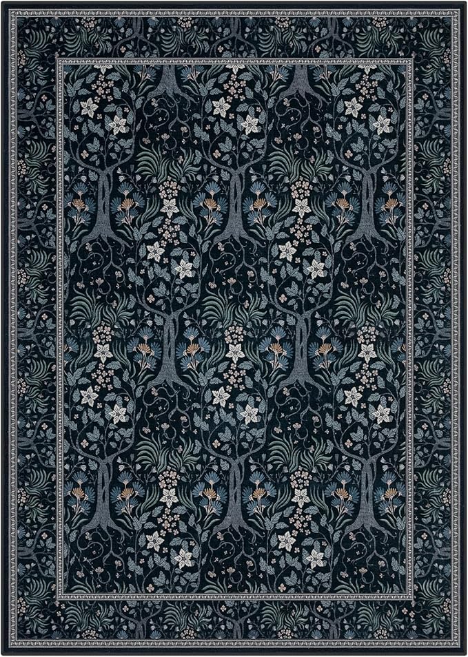 Joydeco Machine Washable Area Rugs 5x7, Boho Floral Rug for Bedroom Non Slip, Soft Forest Botanical Low-Pile Floor Indoor Throw Carpet for Living Dining Room Dorm Office, Blue-Black
