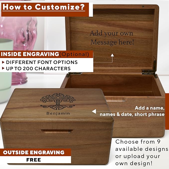 Life Tree Box Personalized - Wooden Keepsake Box for Men, 5 Year Wedding Gift for Anniversary, Acacia Wood Decorative Chest, Handmade Memory Boxes with Custom Hidden Message, 8x6x4 in