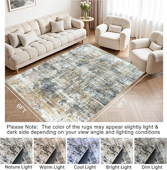 Washable Rug 6x9 Area Rugs: Abstract Washable Rugs with Non-Slip Backing, Stain Resistant Indoor Floor Carpet for Bedroom Dining Room Table Nursery Hallway Home Office Brown/Gray